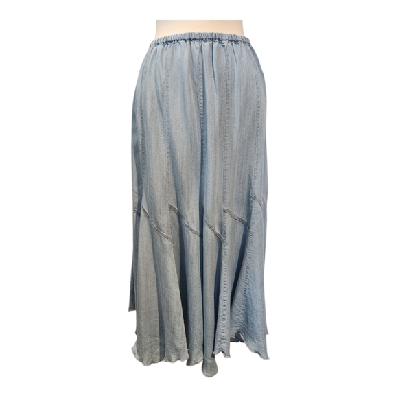 ANTHROPOLOGIE CHELSEA & THEODORE  LYOCELL CHAMBRAY MIDI SKIRT  BOHO SZ L - Picture 1 of 8
